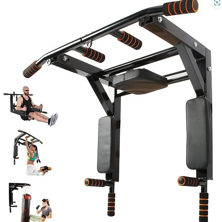 Black wall-mounted fitness equipment with sandbag rack and parallel bars for pull-up training