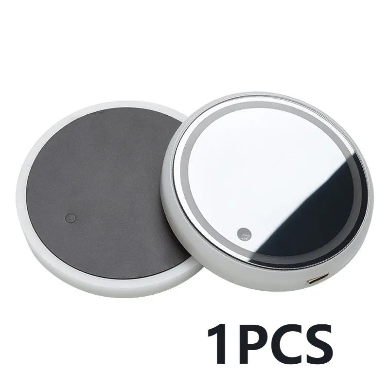 Colourful LED light-up coaster for car cup holder with USB cable on a car console.