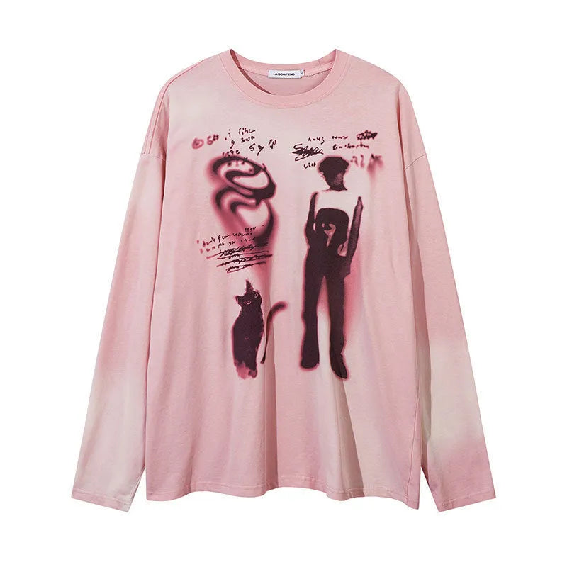 Women's loose cotton pullover top with drop-shoulder sleeves in dark grey or pink with letter print