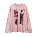 Women's loose cotton pullover top with drop-shoulder sleeves in dark grey or pink with letter print