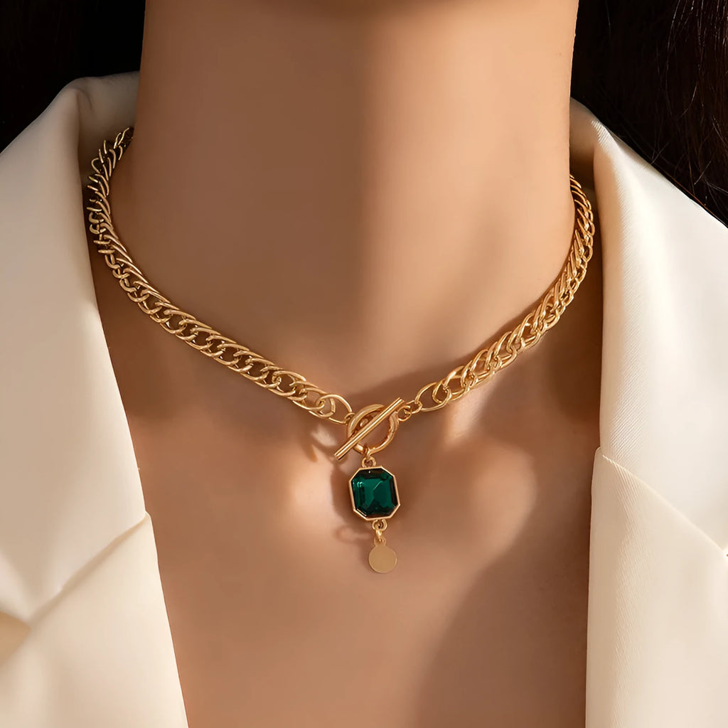 Gold plated titanium steel necklace with emerald zircon geometric round pendant on Cuban link chain