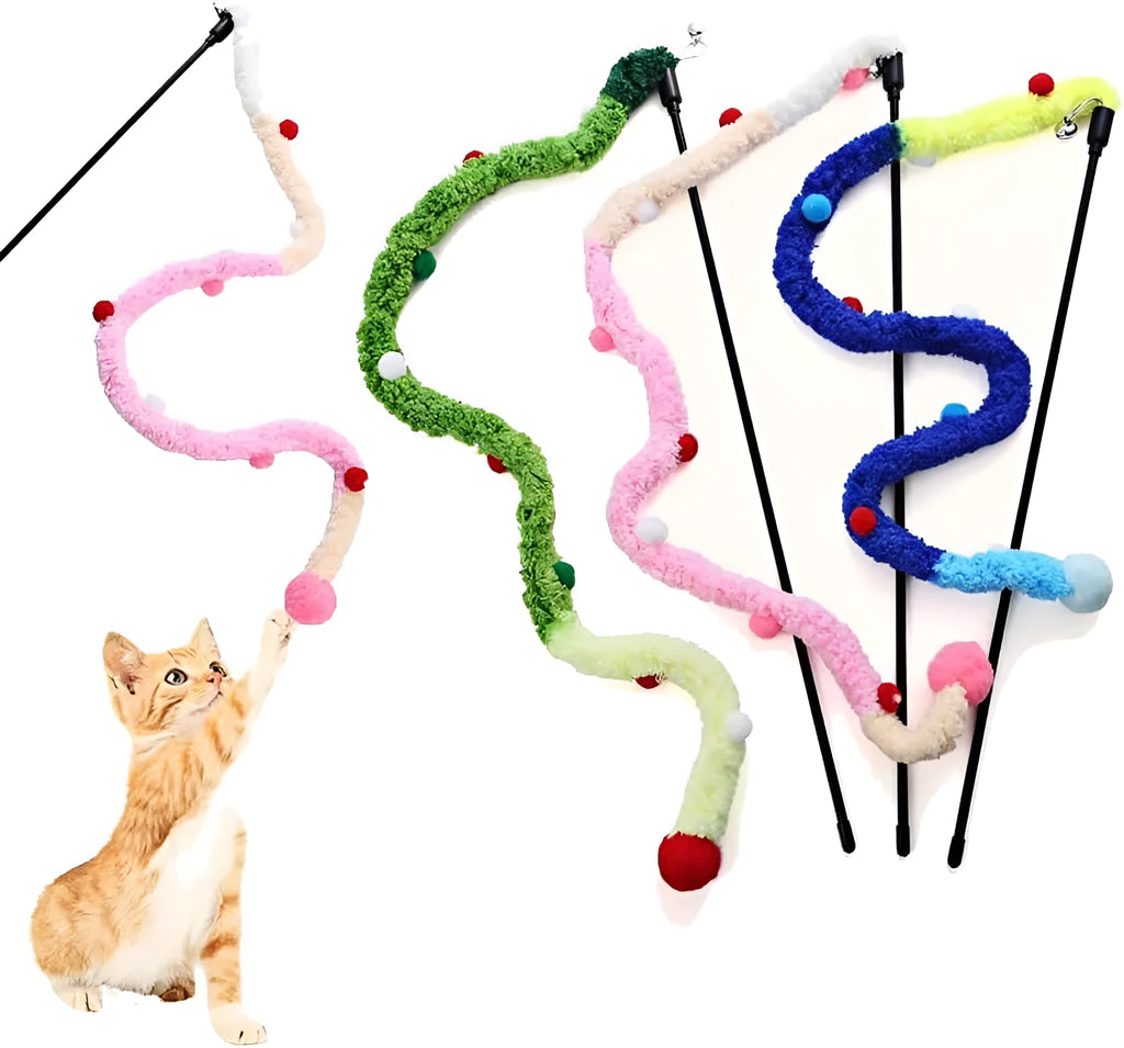 Blue cat teaser wand with plush strip, colourful ball, and bell on 41cm pole