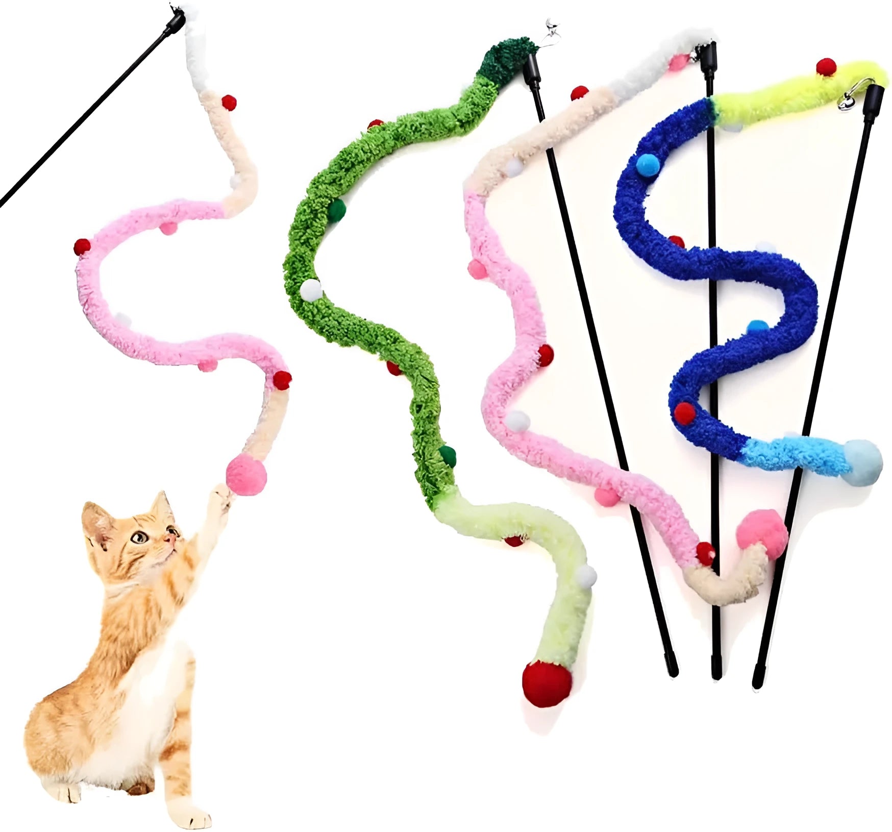 Blue cat teaser wand with plush strip, colourful ball, and bell on 41cm pole