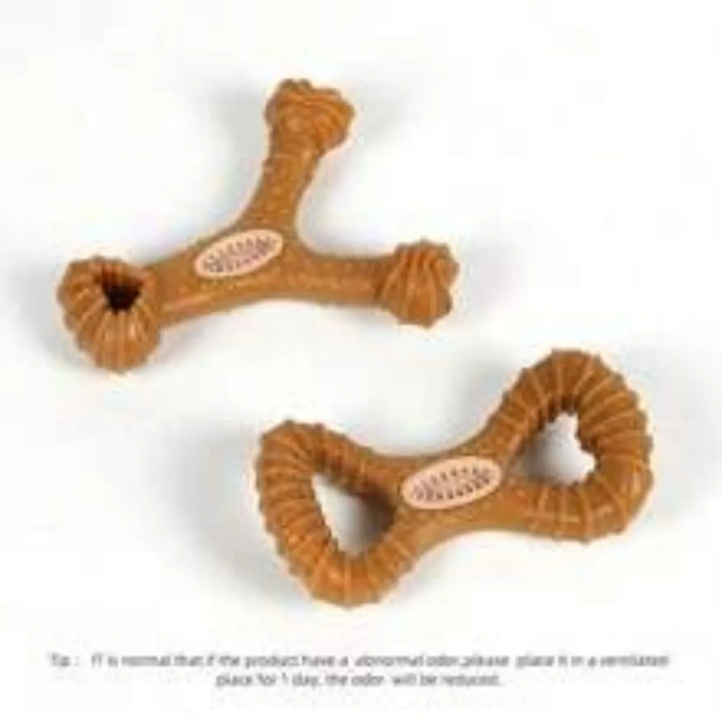 Durable nylon dog chew bone for teeth cleaning, shown in 8-shape and Y-shape options.