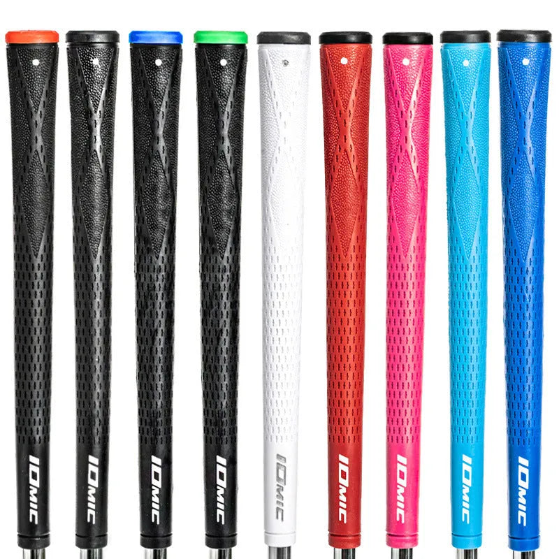 Single TPE material golf club grip shown in various colours including pink, red, blue, white, and black with red, green, or blue heads.