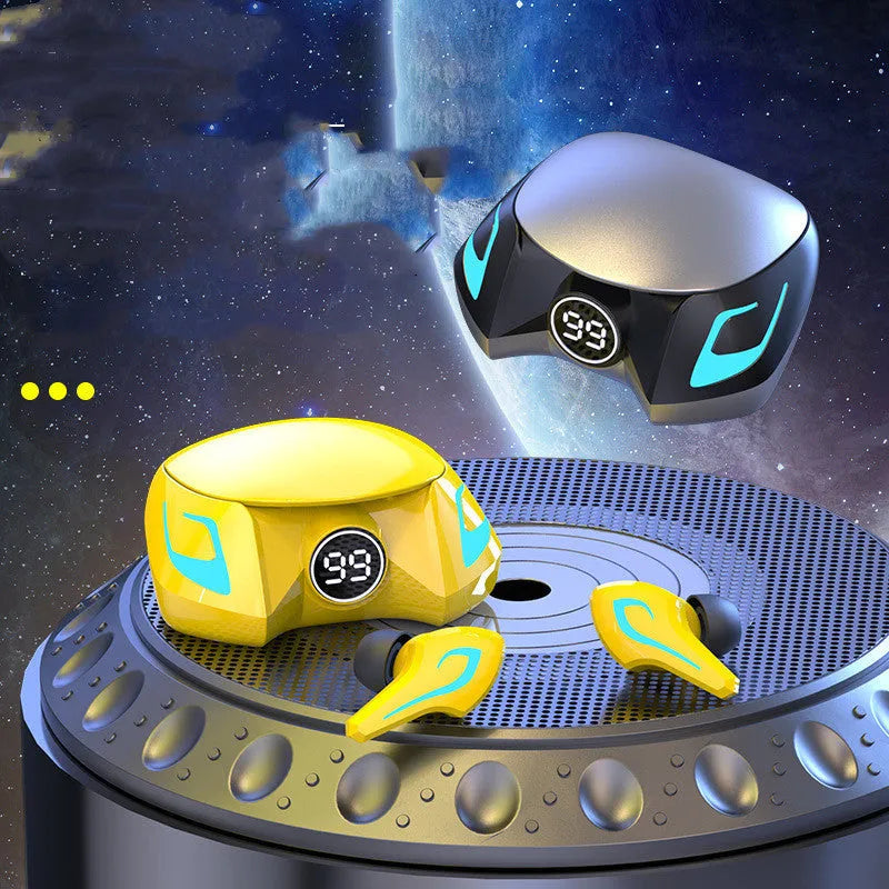 Wireless gaming earbuds in black grey, yellow, or cool black colours with earplug-style design