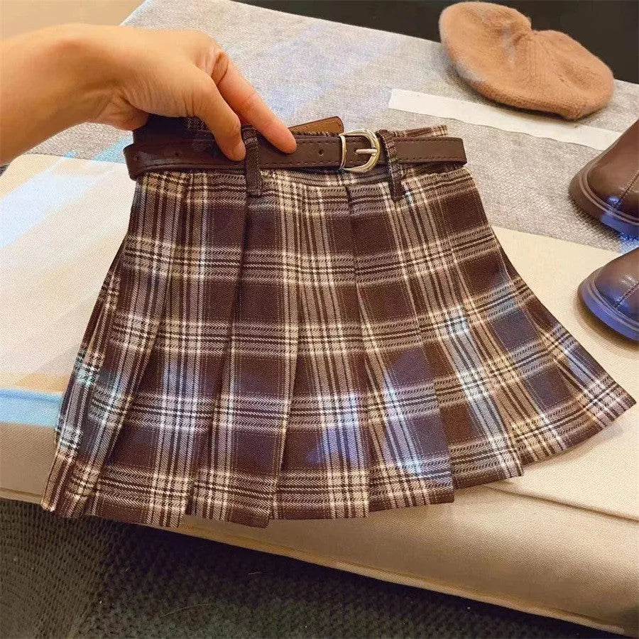 Girls' cotton blend plaid pleated A-line skirt for spring and autumn casual wear