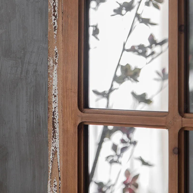 Terrace distressed fake window wall mirror with wooden glass frame in log colour, A316 style