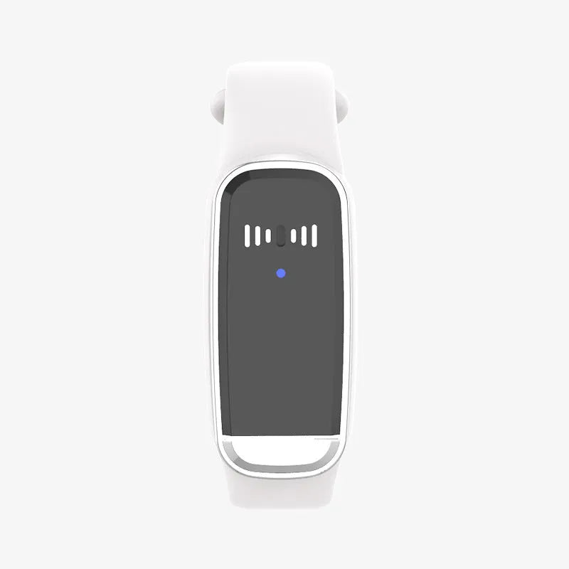 Black and white ultrasonic mosquito repellent bracelet showing wearable design and USB charging cable.