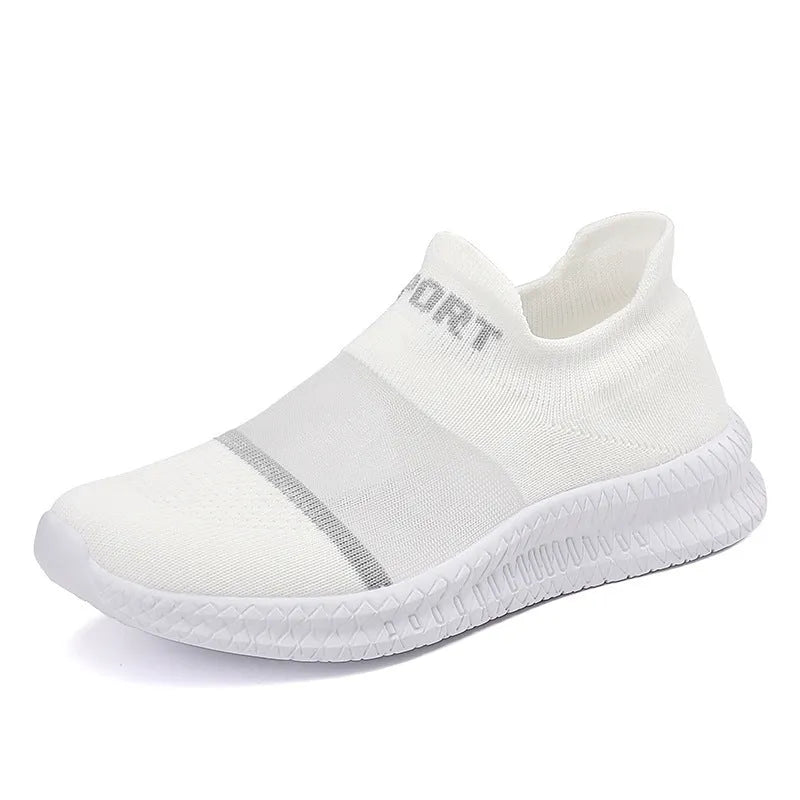 Casual grey Flyknit sock shoes with laces and a low-top MD sole, shown on a foot.