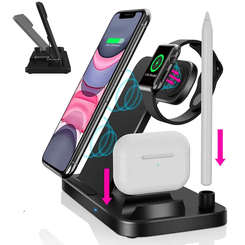 Folding 4-in-1 wireless charger in black showing vertical iPhone charging station mode with MagSafe attachment