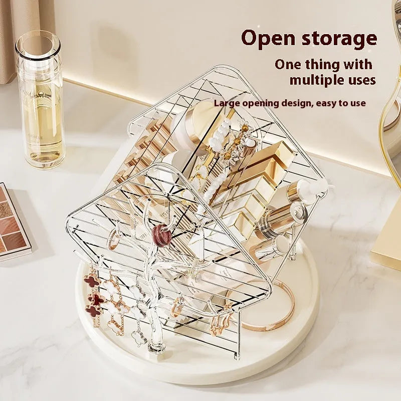Rotating transparent plastic cosmetics storage box on a countertop.