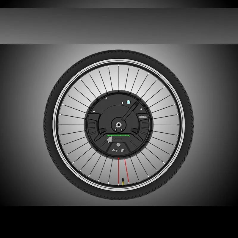 Black bicycle wheel with integrated hub motor for electric bike conversion kit