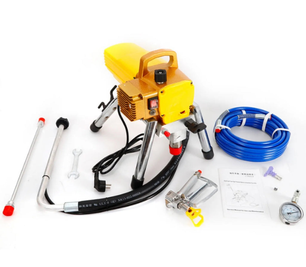 Blue portable electric airless spraying machine with spray gun and accessories for painting projects