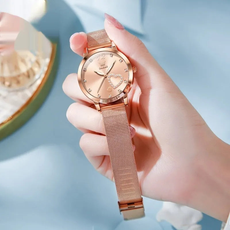 Women's fashion watch with mesh strap, 36mm alloy case, showing six dial colour options
