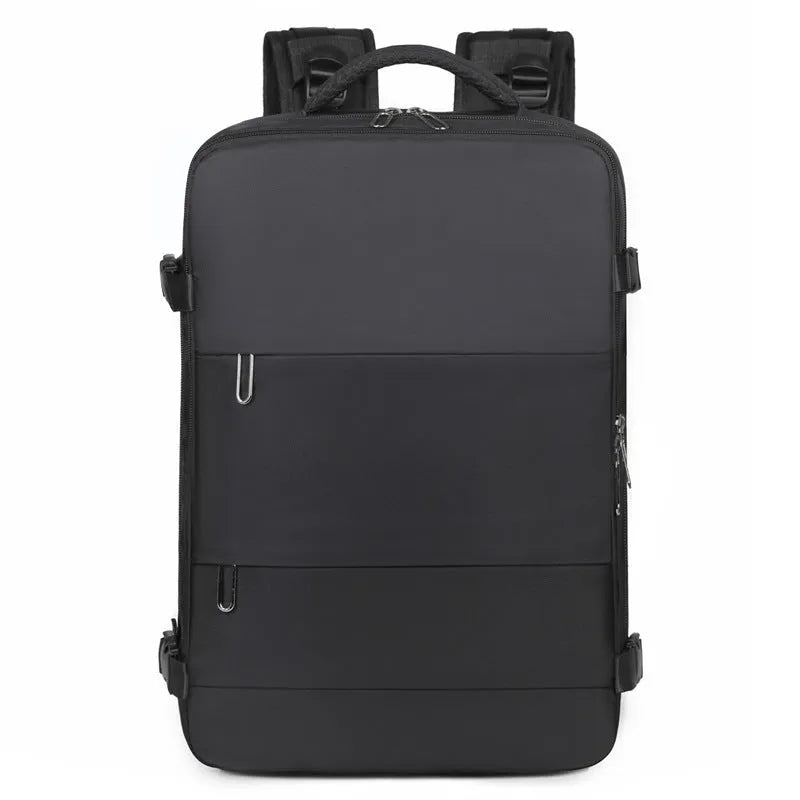 Large purple travel backpack with multiple compartments and air pillow belt system