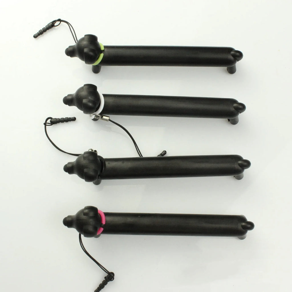 Black dog-shaped touch screen stylus showing split design for dual-length use and phone stand functionality