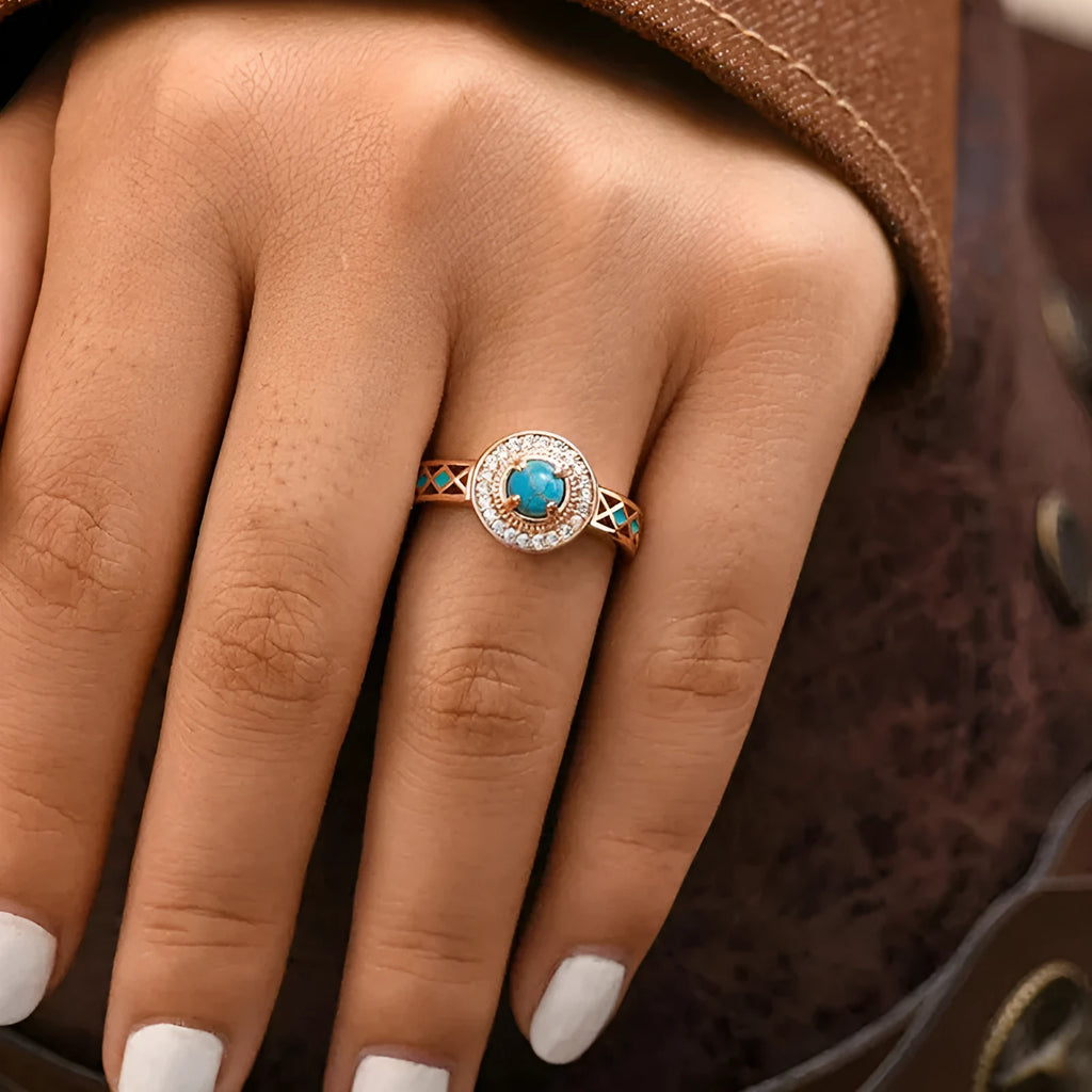 Rose gold coloured copper ethnic ring with geometric design and oil micro inlaid zircon detail.