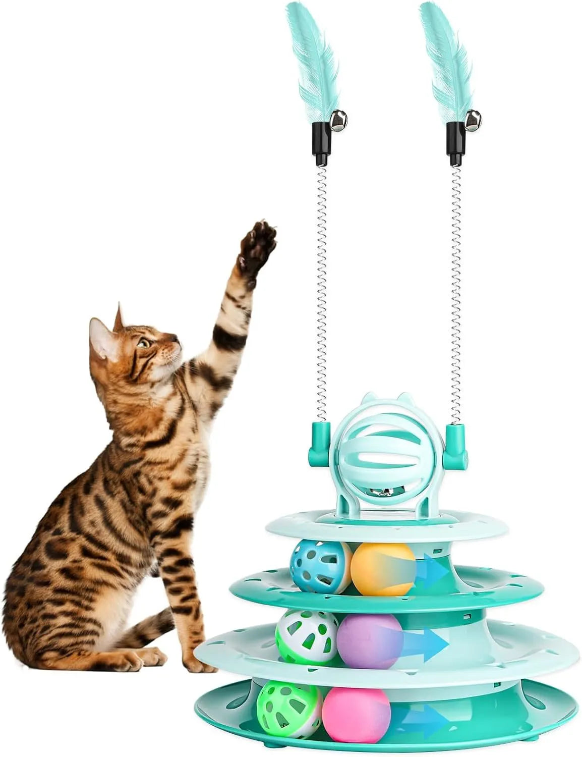 Blue 4-tier interactive cat puzzle toy with sliding balls and teasing rods on non-slip base