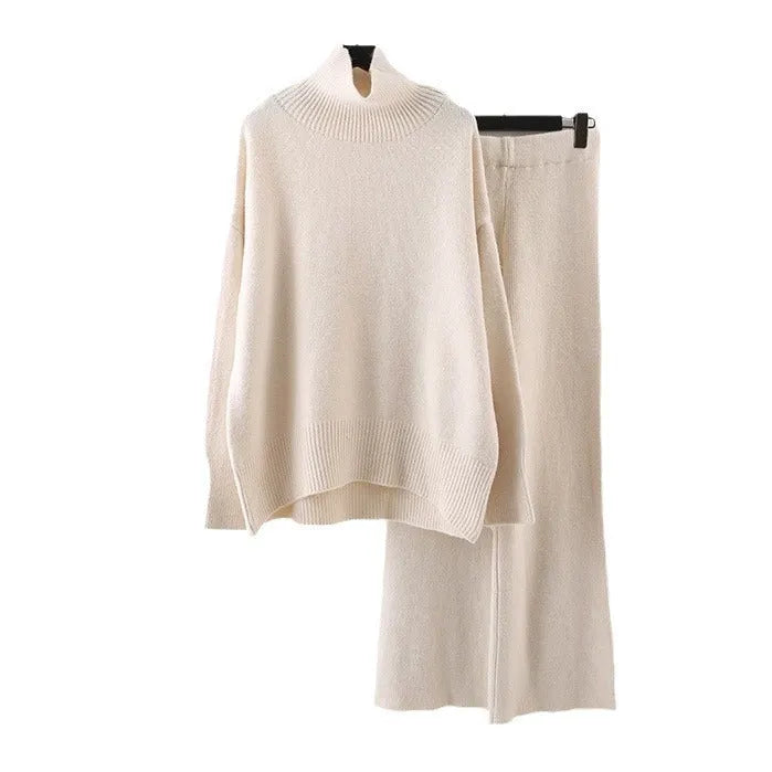 Women's casual two-piece set with long-sleeve sweater and wide-leg trousers in solid colour