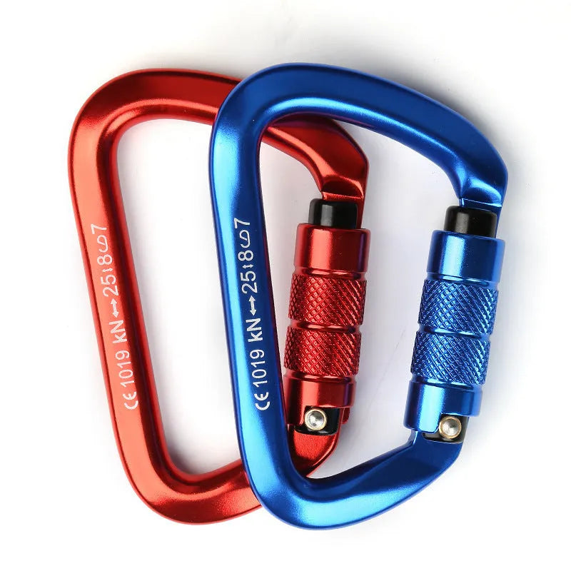 D-type metal climbing safety lock with a choice of automatic or threaded gate, shown in multiple colours.