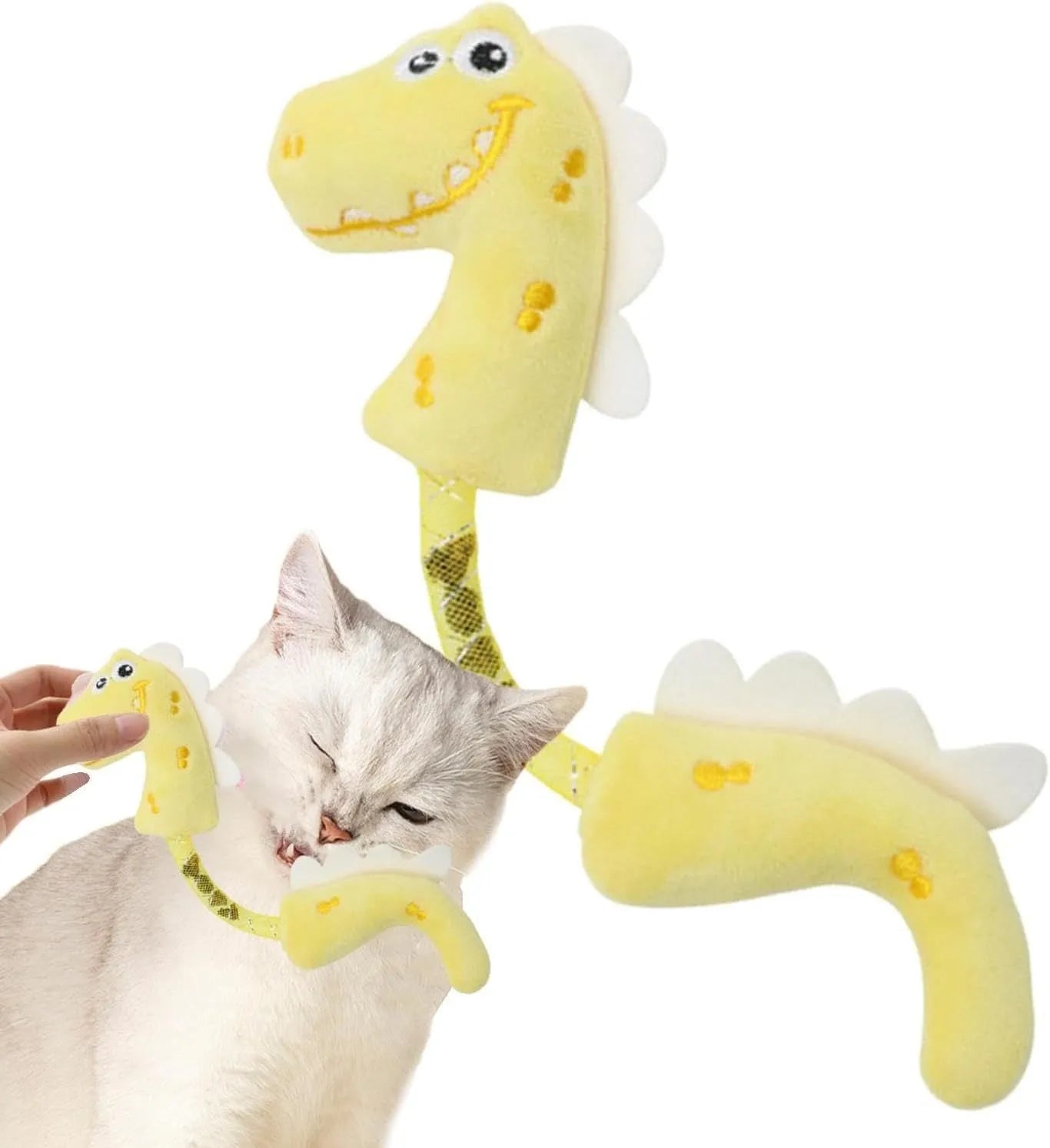 Assortment of cat toys including chew toys, rope toys, springs, and kicker toys in pink, purple and yellow