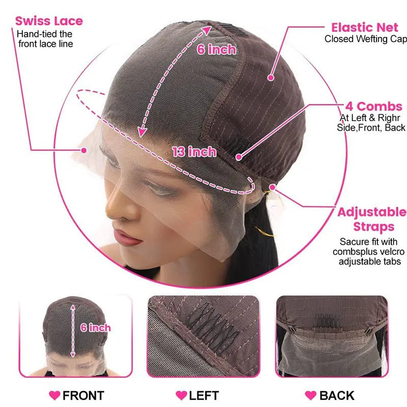 Straight black human hair lace front wig with 13x6 parting displayed at various lengths.