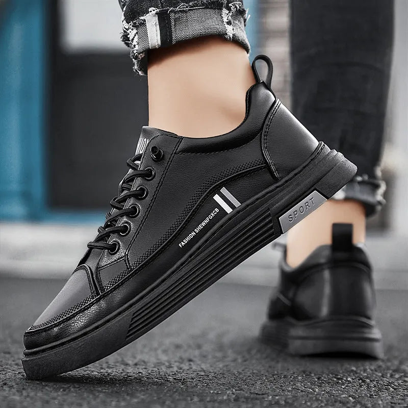 Men's low-top white skateboard shoes with an elastic band and Microfiber upper.