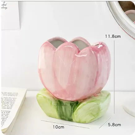 Ceramic desktop pen holder with floral pattern storage box for desk organisation