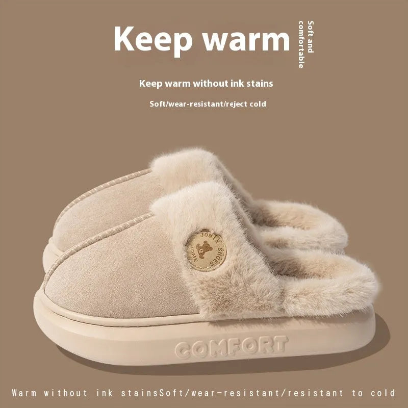 Plush fleece indoor slipper with thick PVC sole in khaki colour