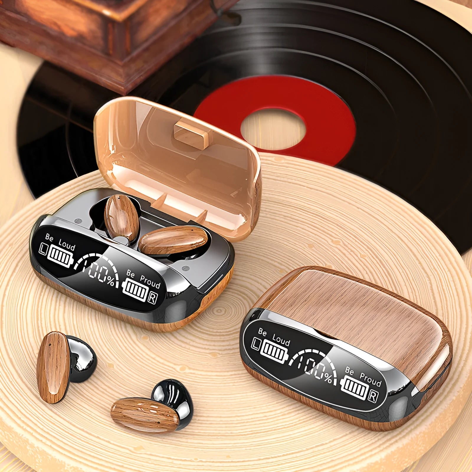 M35 wood grain finish True Wireless Stereo Bluetooth earphones and charging case on a table.