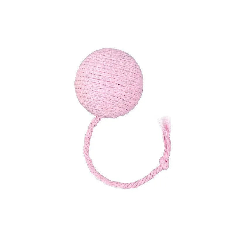 Colourful cat toy ball with rope attachment and internal bell for interactive kitten play