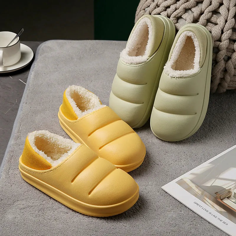Women's waterproof EVA garden slippers in assorted colours with plush lining and non-slip soles.
