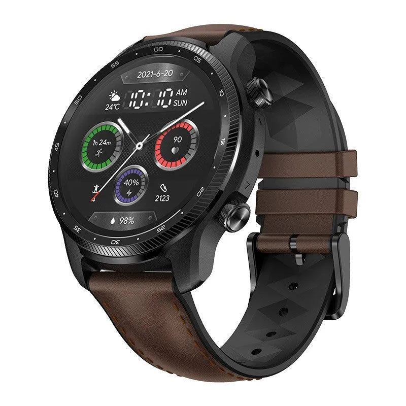 Ticwatch Pro X smartwatch with round display on a wrist, showing 4G connectivity and dual-screen interface.