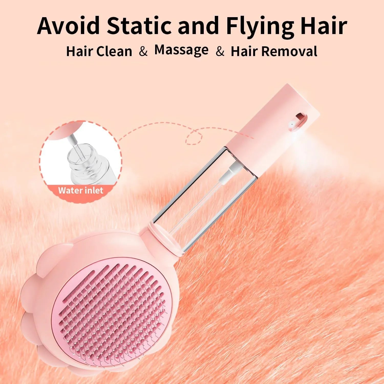 Grey spray cat brush with a release button on the handle, shown with stainless steel bristles.