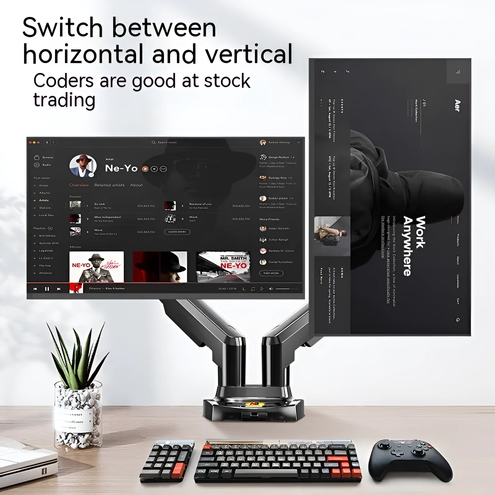 Aluminium dual monitor bracket for VESA 75x75-100x100mm compatible screens.