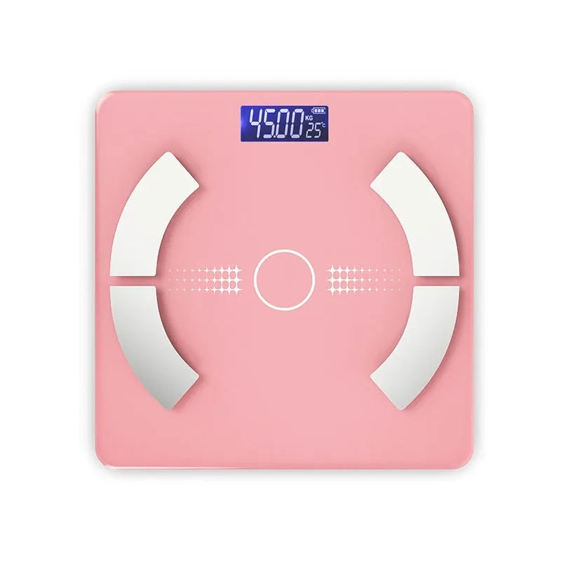 Smart Bluetooth body fat scale in white colour showing digital display and stainless steel electrodes