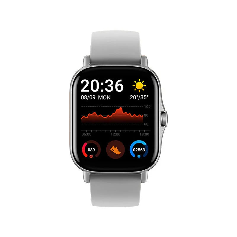 GT20 smartwatch with black alloy case and silicone band showing 1.75-inch touch screen display