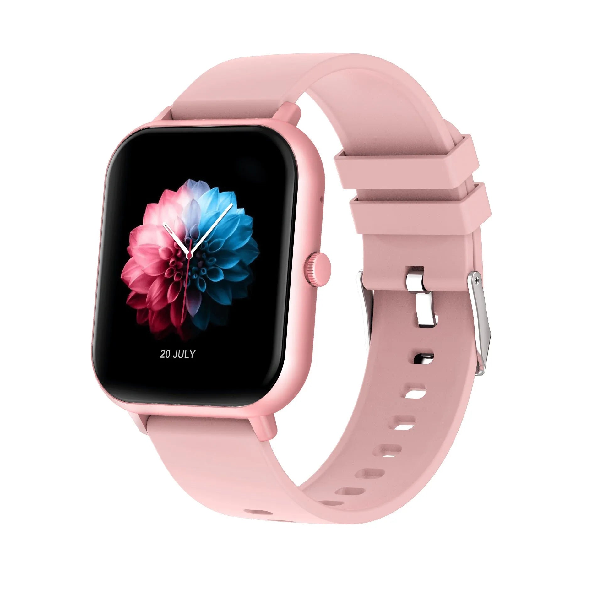 Bluetooth smart watch showing heart rate monitoring on TFT screen with metal case and wrist strap