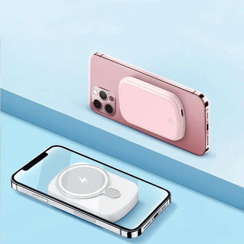 Magsafe magnetic wireless power bank in Barbie Pink, Black, White, or Purple colour options