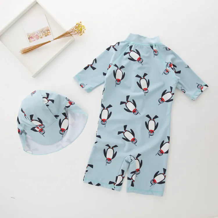 Boys' penguin print long sleeve one-piece swimsuit with matching swimming cap set