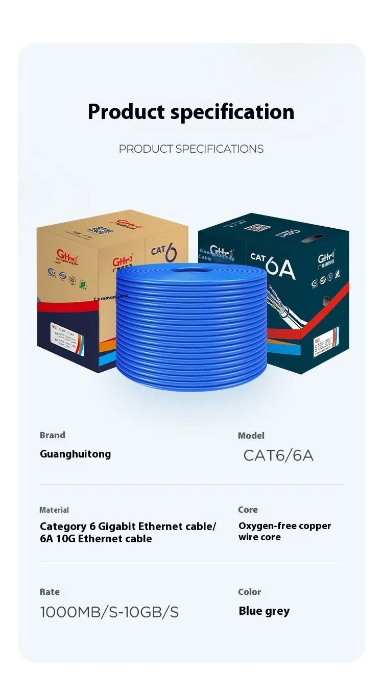 A blue 305 metre reel of Cat 6/6A gigabit Ethernet cable with oxygen-free copper core.