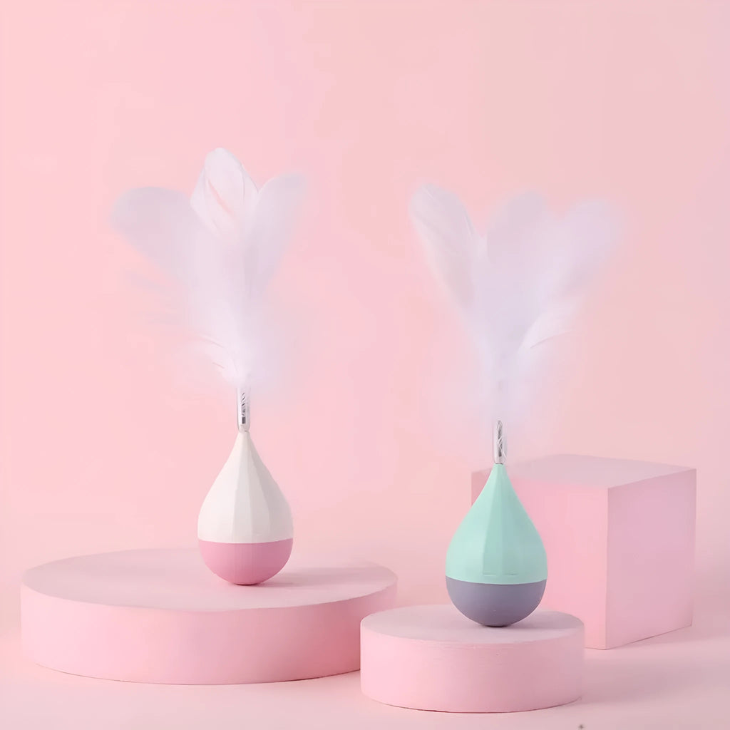 Feather tumbler cat toy showing green colour option with tease stick and goose feather attachment