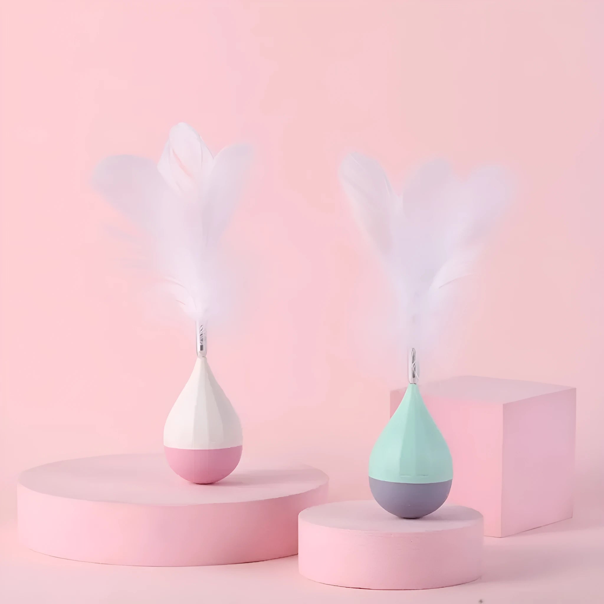 Feather tumbler cat toy showing green colour option with tease stick and goose feather attachment