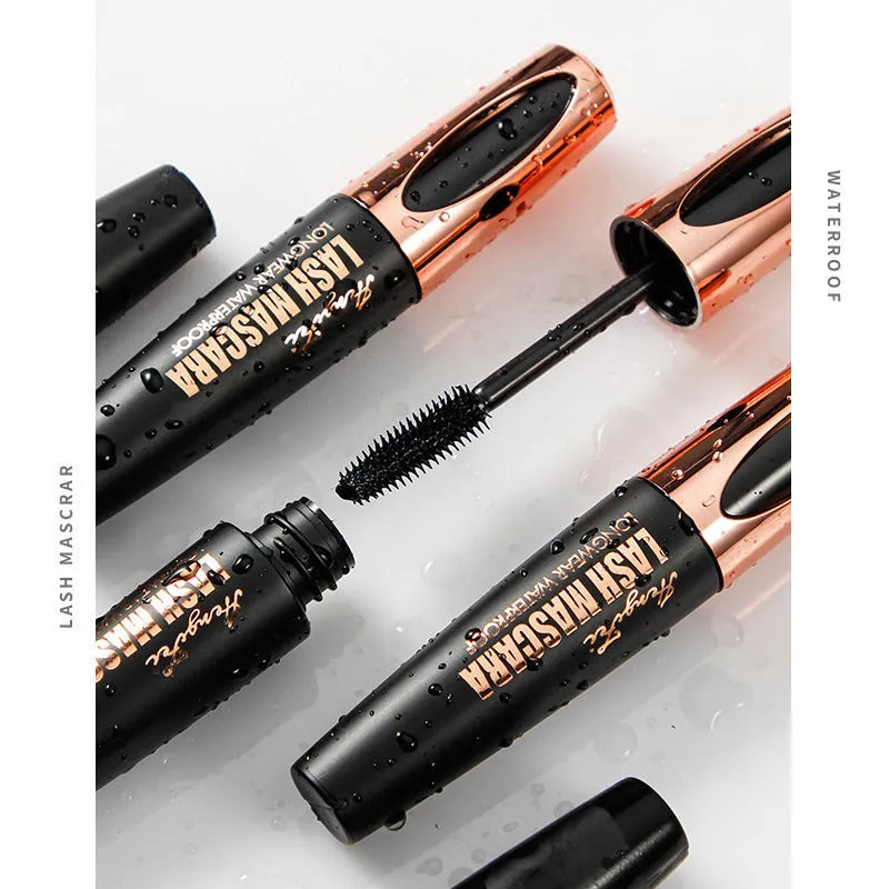 Black waterproof mascara tube showing thick long curling lash effect