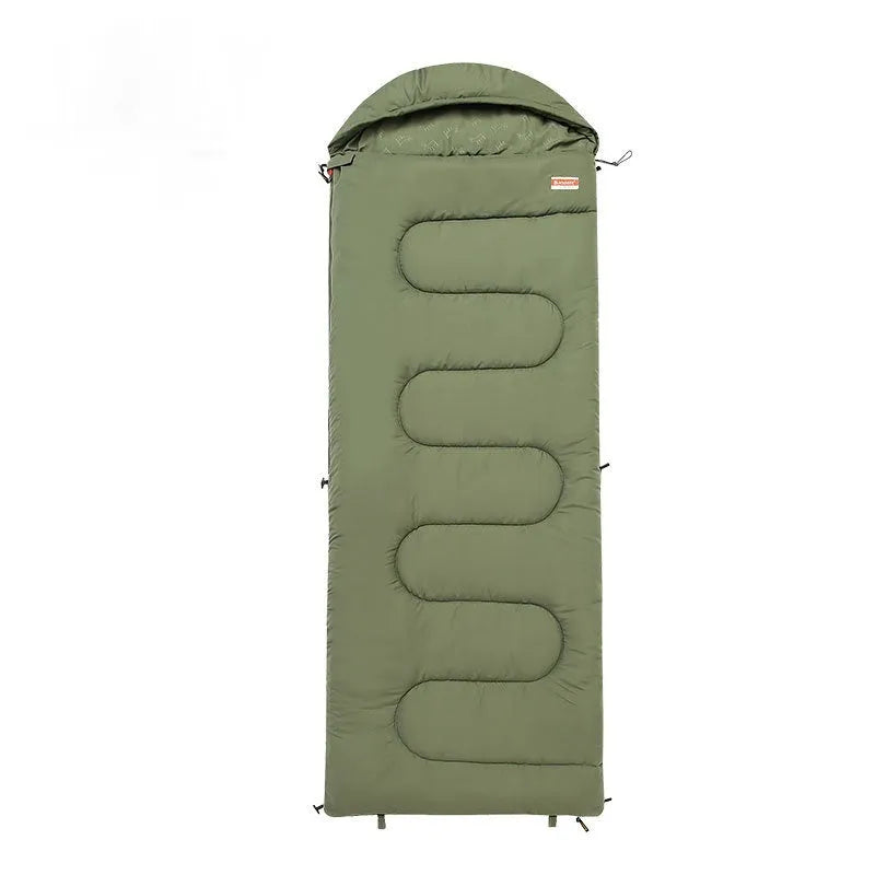 Cotton sleeping bag showing ochre and olive green colour options for outdoor camping use