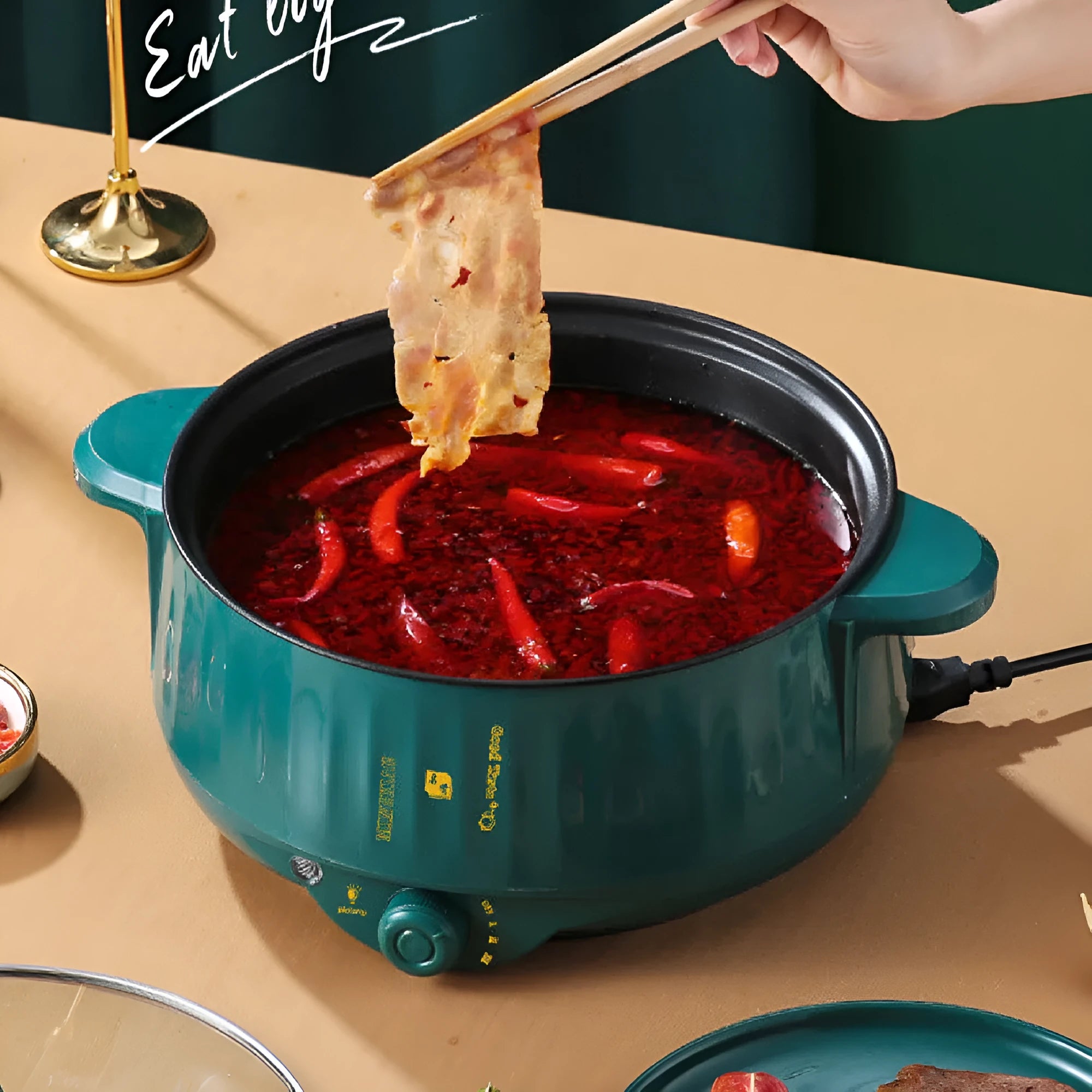 Stainless steel electric cooking pot with non-stick surface and anti-dry burn function in green or white colour