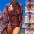 Women's three-piece swimsuit set with high-waisted briefs, cutout sleeveless top, and cover-up coat