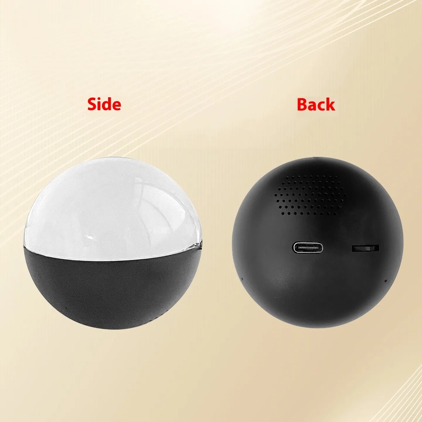 Electronic ball video player with round screen showing video playback, plastic casing in choice of colours