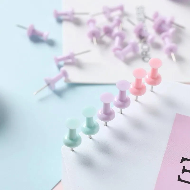 Plastic push pins in cherry blossom pink, mint green, and lavender colours, showing both large and small sizes in a box.